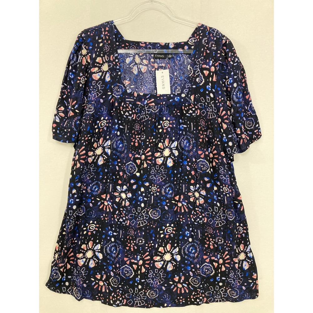 New Evans Square Neck Tunic Size 20 Blue Pink Floral Soft Comfy Blouse